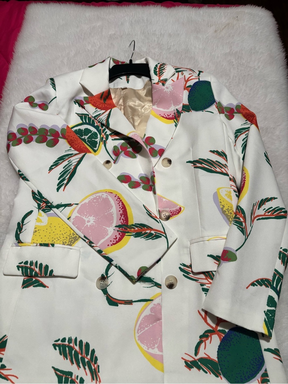 SHEIN White Double-Breasted Tropical Fruit Print Blazer - Picture 2 of 10